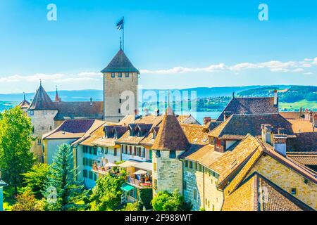 Blick auf das Schloss Murten in der Schweiz Stockfoto