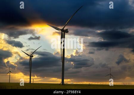 Windturbinen, Windparks Silhouette bei Sonnenuntergang mit Bewässerung Drehpunkt Wassersystem auf einem Bauernhof Feld in Texas Stockfoto