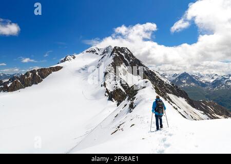 Bergsteiger auf dem Weg zur Wildspitze (höchster Berg Nordtirols) an einem sonnigen Sommertag. Ötztal Alpen, Tirol, Österreich Stockfoto