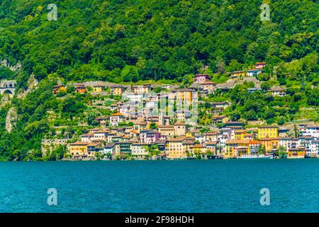 Uferpromenade des Dorfes Gandria in der Nähe von Lugano, Schweiz Stockfoto