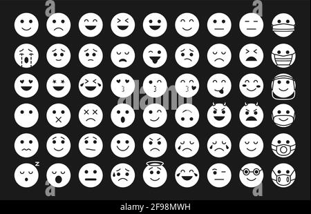 Weiße Silhouette lustige Emoji-Symbole gesetzt. Ideal für den Glitch-Effekt. Symbol für Stimmung oder Gesichtsemotion für Chat-App oder Web. Schwarze Augen und Linienkontur lächeln. Emoticons in Maske. Isolierte Vektordarstellung Stock Vektor