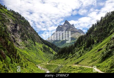 Wilde Berglandschaft im Rosanna-Tal bei Sankt Anton an einem sonnigen Sommertag. Im Hintergrund das Patteriol. Verwall, Tirol, Österreich Stockfoto