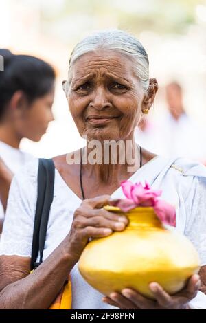 Sri Lanka, Anuradhapura, Ruwanweli Seya Dagoba, ältere Frau, Vase, Blumen Stockfoto