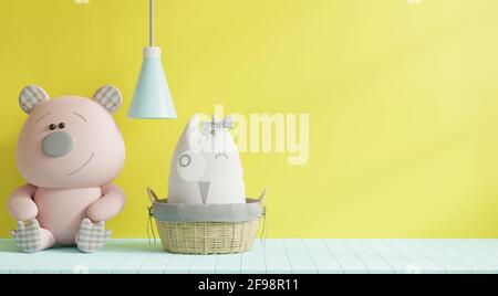 Mockup gelb leuchtende Farbwand im Kinderzimmer an Das Holzregal.3D-Rendering Stockfoto