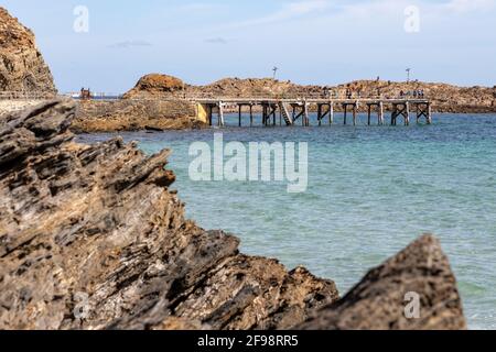 Ein selektiver Fokus des Anlegestege im zweiten Tal south australia am 12. april 2021 Stockfoto