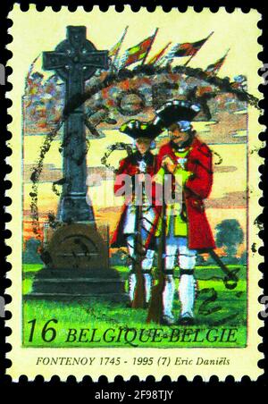 MOSKAU, RUSSLAND - 4. NOVEMBER 2019: Die in Belgien gedruckte Briefmarke zeigt die Schlacht von Fontenoy, um 1995 Stockfoto