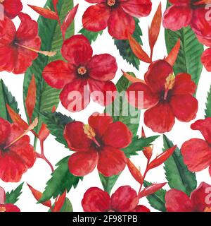 Tropisches nahtloses Muster mit roten Hibiskusblüten und Blättern. Aquarelldarstellung. Stockfoto