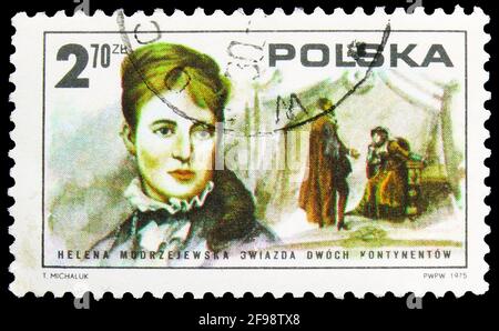 MOSKAU, RUSSLAND - 4. NOVEMBER 2019: In Polen gedruckte Briefmarke zeigt Helena Modrzejewska (1840-1909), polnische Schauspielerin, 1877, amerikanische Revolution, b Stockfoto