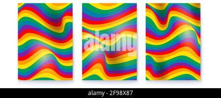 Set von Covern mit Streifendesign. Bunte, wellige Linien. 3d-Vektordarstellung. Stock Vektor