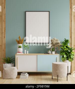 Mock up Poster Rahmen auf Schrank im Innenraum, Dunkelblaue Wand.3d Rendering Stockfoto