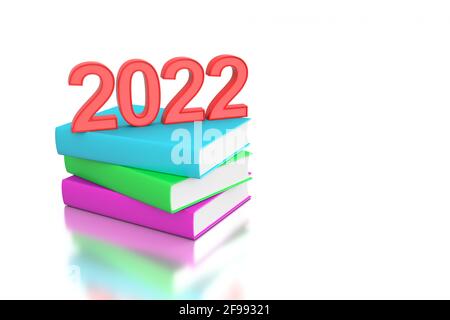 Neues Jahr 2022 Kreatives Designkonzept mit Büchern - 3D Gerendertes Bild Stockfoto