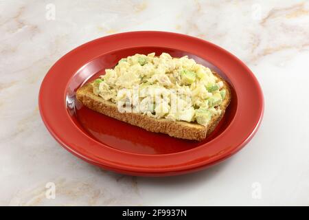 Offenes Thunfischsalat-Sandwich mit gehacktem Apfel und Avocado Auf Vollkornbrot Toast auf rotem Luncheon Teller Stockfoto