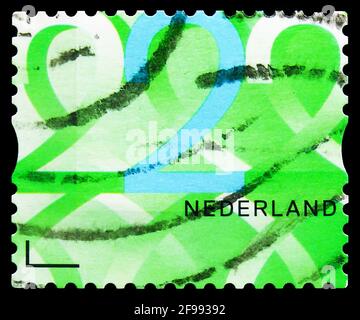 MOSKAU, RUSSLAND - 4. NOVEMBER 2019: Briefmarke gedruckt in den Niederlanden zeigt Ziffer, Business Stamps Serie, um 2014 Stockfoto