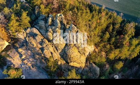 Deutschland, Sachsen-Anhalt, Timmenrode, die ersten Sonnenstrahlen des Tages trafen das Hamburger Wappen. Die Sandsteinformation gehört zum Teufelsmauer im Harz. Stockfoto