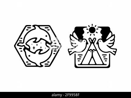 Vogel und Delphin Linie Kunst Illustration Design Stock Vektor