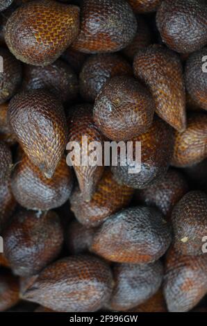 Eine Sammlung von reifen Zalacca-Früchten, die auf dem Markt zu sehen sind. Stockfoto