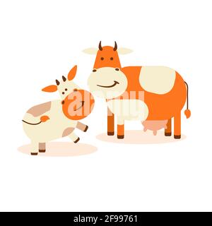Eine Kuh mit einem Kalb auf einem weißen isolierten Hintergrund. Vektorgrafik flach Stock Vektor