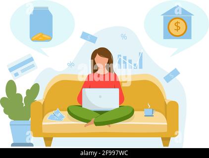 Das Mädchen sitzt auf der Couch und denkt darüber nach, wo das Geld investiert werden soll. Investieren Sie in eine Bank oder lagern Sie Geld in einem Glas. Vektor flach Stock Vektor