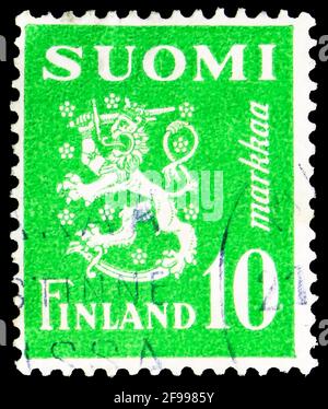 MOSKAU, RUSSLAND - 4. NOVEMBER 2019: In Finnland gedruckte Briefmarke zeigt Liontyp m/30, Modell 1930 Lion Serie, 10 Seiten - Finnische penni, um 1952 Stockfoto