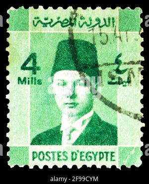 MOSKAU, RUSSLAND - 4. NOVEMBER 2019: In Ägypten gedruckte Briefmarke zeigt König Farouk (1920-1965), ägyptische Royalty-Serie, um 1937 Stockfoto