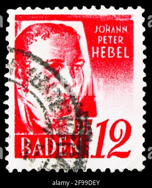 MOSKAU, RUSSLAND - 4. NOVEMBER 2019: In Deutschland gedruckte Briefmarke zeigt Johann Peter Hebel, Französische Zone - Baden Serie, um 1948 Stockfoto