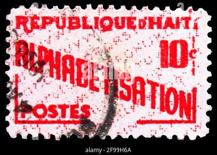 MOSKAU, RUSSLAND - 4. NOVEMBER 2019: Die in Haiti gedruckte Briefmarke zeigt Alphabetisierung, Serie, um 1959 Stockfoto