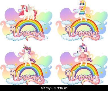 Set von verschiedenen Einhorn Cartoon-Charakter auf Regenbogen mit Einhorn Schriftartdarstellung Stock Vektor