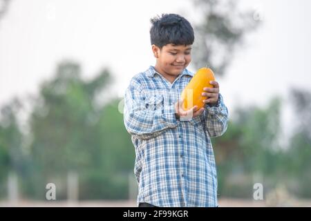 Ein Junge mit einer Melone im Feld Qualitätsauswahl für Verbraucher, Kid Lächeln mit Melone auf dem Bauernhof Stockfoto