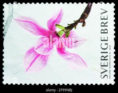 MOSKAU, RUSSLAND - 4. NOVEMBER 2019: Die in Schweden gedruckte Briefmarke zeigt Magnolia, Serie, um 2015 Stockfoto