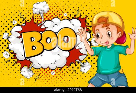 BOO Wort auf Explosion Hintergrund mit Junge Cartoon Figur Illustration Stock Vektor