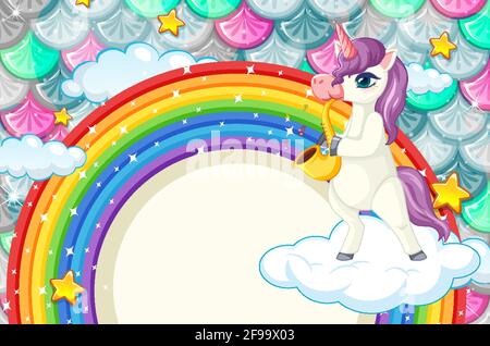 Rainbow Banner mit niedlichem Einhorn auf bunten Fischschuppen Hintergrund Abbildung Stock Vektor