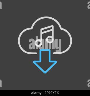 Cloud-Download-Musik-Symbol Vektor-Symbol auf dunklem Hintergrund. Musikschild. Graph-Symbol für Musik und Sound Website und Apps Design, Logo, App, UI Stock Vektor