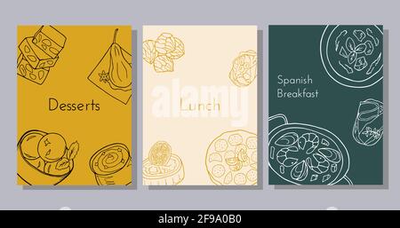 Handgezeichnetes Posterset mit Gerichten der traditionellen spanischen Küche und Desserts. Design Skizzenelement für Menü Café, Bistro, Restaurant, Bäckerei und Packagin Stock Vektor