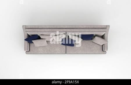 3D-Darstellung eines modernen hellgrauen Sofas mit Blau Kissen isoliert auf weißem Hintergrund Stockfoto