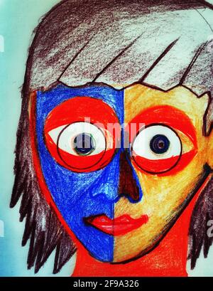 Gesicht, Porträt, Bleistifte, Farbe, Zeichnung, Illustration, lustig, Spaß, geöffnet, groß, Augen, blau, rot, gelb, große Haare, Gemacht, Kind, Buntstifte, gefärbt Stockfoto