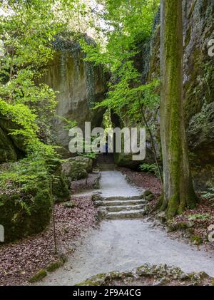 Deutschland, Bayern, Wonsees-Sanspareil, Dianengrotte im Felsengarten Sanspareil. Der denkmalgeschützte englische Landschaftsgarten wurde im 18. Jahrhundert unter dem Markgrafen Friedrich von Bayreuth und seiner Frau Markgräfin Wilhelmine von Bayreuth angelegt. Stockfoto