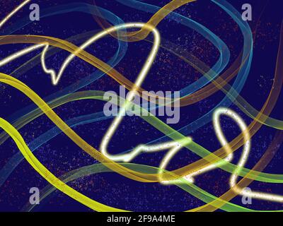 In diesem abstrakten digitalen Gemälde fließt eine leuchtende Linie um mehrere verworrene bunte Bänder auf einem dunkelblauen Hintergrund. Stockfoto