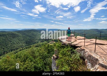 An einem sonnigen Sommertag blickt ein Wanderer von der Burgruine Löwenstein auf die bewaldeten Nordvogesen. Bas-Rhin, Alsace, Grand Est, Frankreich Stockfoto