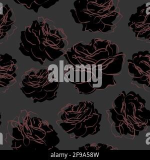Dunkelnahtloses Muster mit gezeichneten schwarzen Rosen auf grauem Hintergrund Stock Vektor