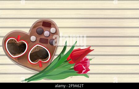 Valentinstag, ein Blick von oben auf die Arbeitsplatte, heiße Kaffeetassen und ein herzförmiges Holztablett, Süßigkeiten und rote Blumen. Illustration in hellen Farben mit Stock Vektor