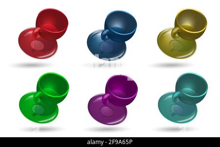 Set von bunten Tee oder Kaffeetassen isoliert auf weißem Hintergrund. Vektor-3D-Darstellung im realistischen Stil. Stock Vektor
