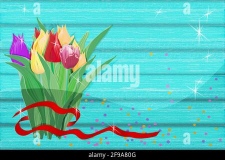 Frühling oder Sommer Hintergrund aus blau bemalten Holzplanken und einem Bouquet von Tulpen mit einem Geschenkband, Pailletten und Konfetti. Vektorgrafik im Auto Stock Vektor