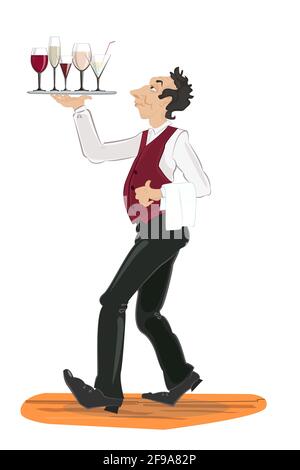 Der Kellner trägt ein Tablett mit Getränken, Wein und Cocktails. Illustration im Vintage-Cartoon-Stil. Charismatischer Charakter, um ein Menü oder eine Postkarte zu schmücken. Stock Vektor