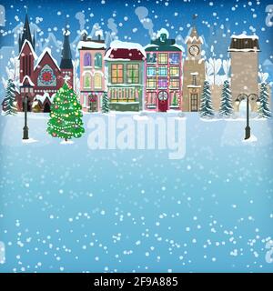 Happy New Year und Christmas Illustration mit winterverschneiten europäischen Stadt und alten Häusern. Grußbild mit Platz für Text für Karten, Servietten Stock Vektor