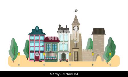 Straße einer alten Stadt mit einem Turm, einer Festung und Häusern. Vektorgrafik für Banner, Visitenkarten, Postkarten und Reiseeinladungen. Isolat Stock Vektor