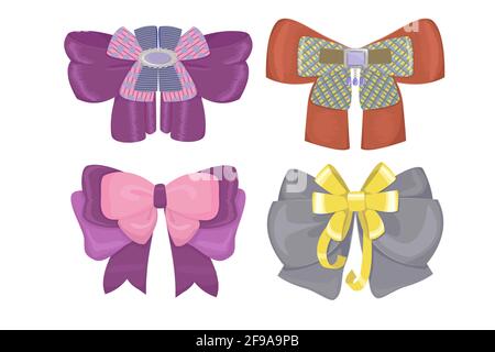 Ein Set von dekorativen Schleifen in verschiedenen Farben, Texturen und Designs. Eine Sammlung von Designelementen für Aufkleber, Etiketten oder Postkarten. Vektorgrafik Stock Vektor