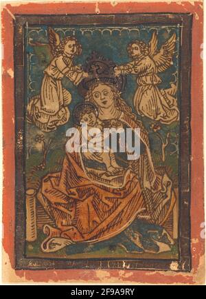 Madonna mit Kind auf einer grasbewachsenen Bank mit Engeln, 1480/1490. Stockfoto