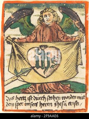 Heiliges Monogramm in einem Heiligen Herzen auf einem Tuch von einem Engel gehalten, c. 1480. Stockfoto