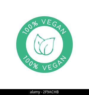100% veganes Zeichen, Symbol, Logo. Werkzeugbasiertes Produktlabel. Runder grüner Stempel mit Blättern. Lebensmittelverpackung veganes Symbol. Umweltfreundliche gesunde Ernährung. Vektor Stock Vektor