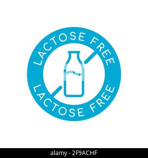 Laktosefreies Schild, Symbol, Logo. Rundes Abzeichen mit durchgestrichenen Milchflaschen. Etikett für milchfreie Produkte. Blauer Stempel ohne Laktose. Laktoseintoleranz. Vektor Stock Vektor